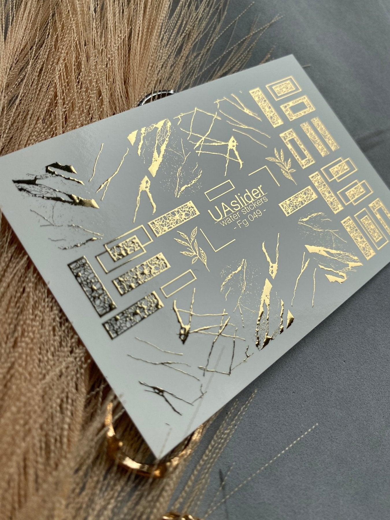 Nail Water Decal Fg-049 | Water Slide Nail Decals Geometric Gold | Rectangle Lace and Abstract Crack Design - UASLIDER