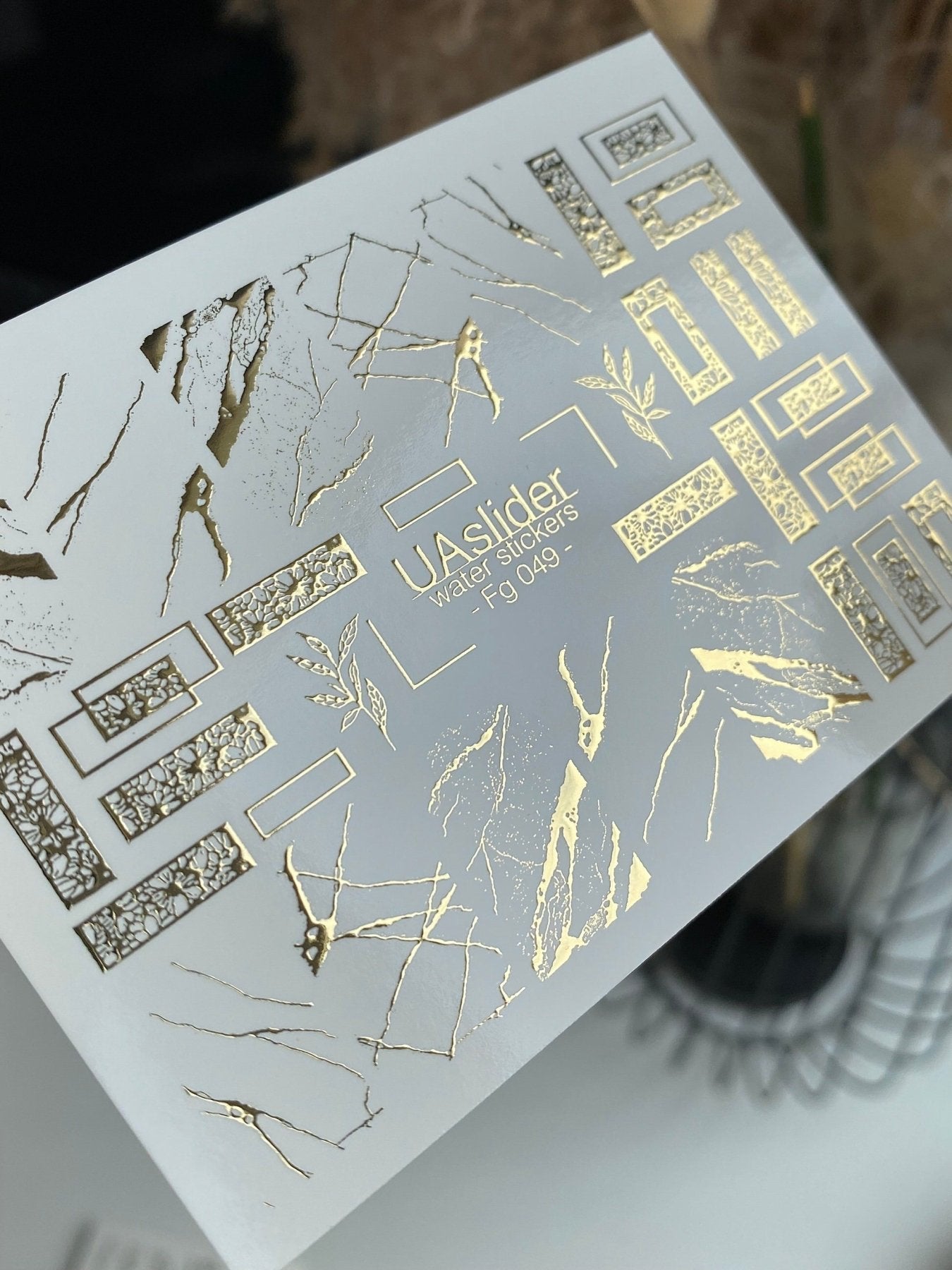 Nail Water Decal Fg-049 | Water Slide Nail Decals Geometric Gold | Rectangle Lace and Abstract Crack Design - UASLIDER
