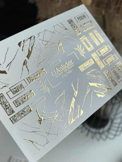 Nail Water Decal Fg-049 | Water Slide Nail Decals Geometric Gold | Rectangle Lace and Abstract Crack Design