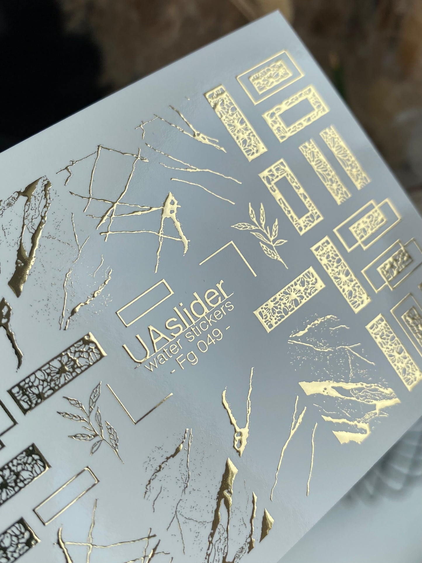 Nail Water Decal Fg-049 | Water Slide Nail Decals Geometric Gold | Rectangle Lace and Abstract Crack Design