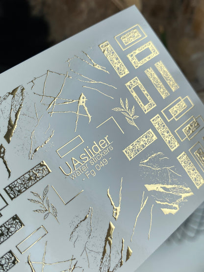Nail Water Decal Fg-049 | Water Slide Nail Decals Geometric Gold | Rectangle Lace and Abstract Crack Design