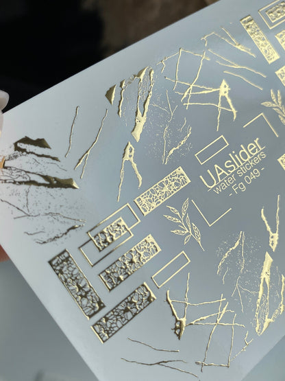 Nail Water Decal Fg-049 | Water Slide Nail Decals Geometric Gold | Rectangle Lace and Abstract Crack Design
