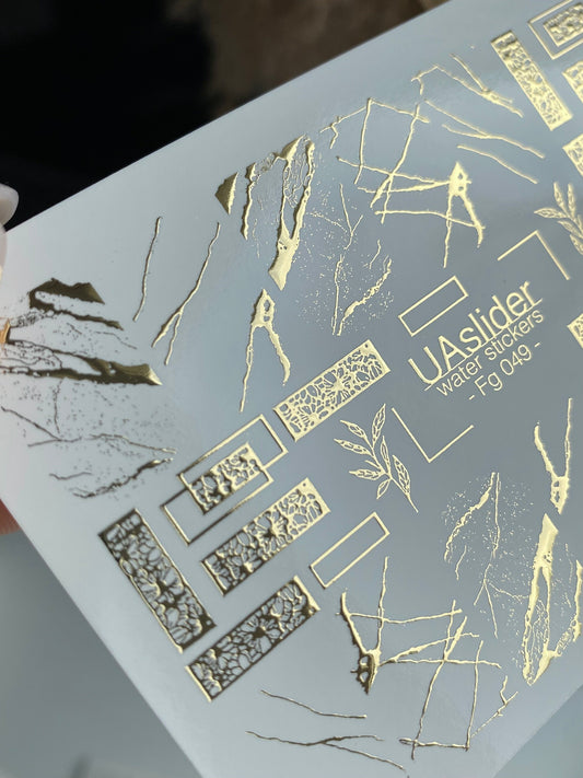 Nail Water Decal Fg-049 | Water Slide Nail Decals Geometric Gold | Rectangle Lace and Abstract Crack Design