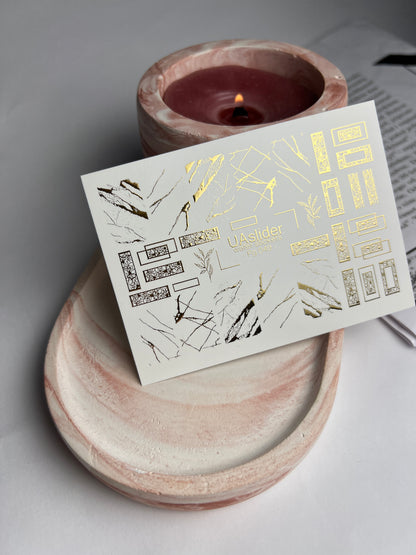 Nail Water Decal Fg-049 | Water Slide Nail Decals Geometric Gold | Rectangle Lace and Abstract Crack Design