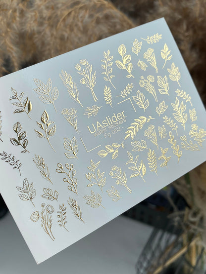 Nail Water Decal Fg-052 | Water Slide Nail Decals Gold Leaves | Botanical Branches and Elegant Nail Art