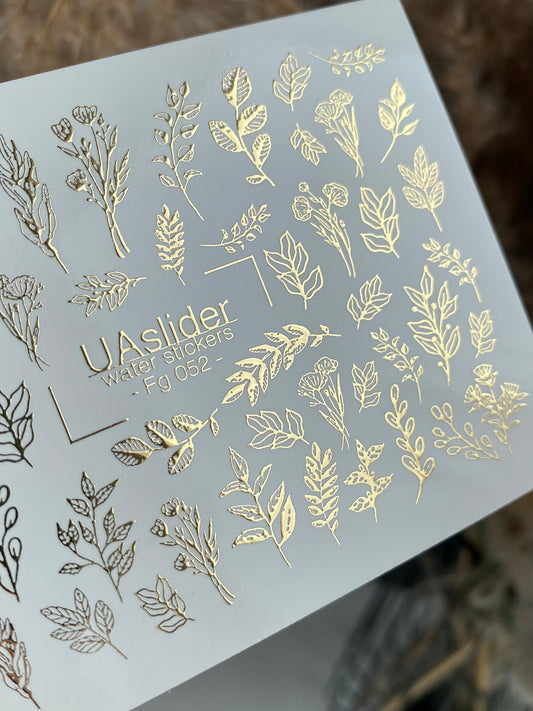 Nálepka na nehty Fg-052 | Vodní nálepky na nehty Zlaté listy | Botanické větvičky a elegantní nehtová dekorace