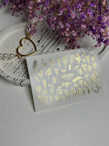 Nail Water Decal Fg-052 | Water Slide Nail Decals Gold Leaves | Botanical Branches and Elegant Nail Art