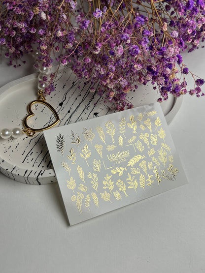 Nail Water Decal Fg-052 | Water Slide Nail Decals Gold Leaves | Botanical Branches and Elegant Nail Art
