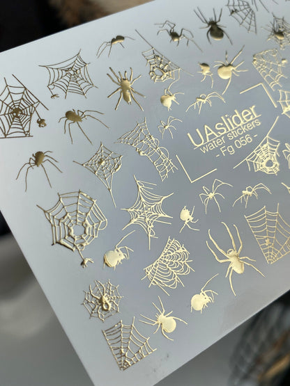 Nail Water Decal Fg-056 | Water Slide Nail Decals Halloween Spiders | Gold Spider Web Nail Tattoos