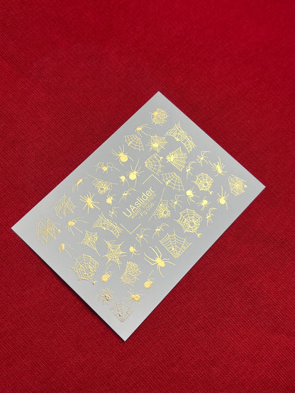Nail Water Decal Fg-056 | Water Slide Nail Decals Halloween Spiders | Gold Spider Web Nail Tattoos