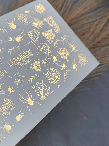 Nail Water Decal Fg-056 | Water Slide Nail Decals Halloween Spiders | Gold Spider Web Nail Tattoos