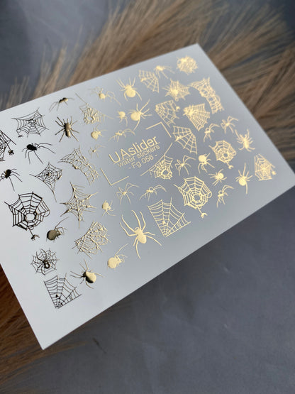 Nail Water Decal Fg-056 | Water Slide Nail Decals Halloween Spiders | Gold Spider Web Nail Tattoos