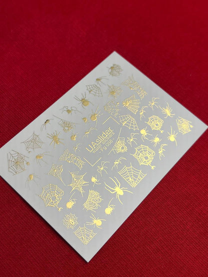 Nail Water Decal Fg-056 | Water Slide Nail Decals Halloween Spiders | Gold Spider Web Nail Tattoos