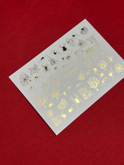 Nail Water Decal Fg-056 | Water Slide Nail Decals Halloween Spiders | Gold Spider Web Nail Tattoos