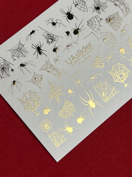 Nail Water Decal Fg-056 | Water Slide Nail Decals Halloween Spiders | Gold Spider Web Nail Tattoos