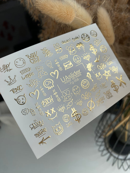 Nail Water Decal Fg-058 | Water Slide Nail Decals Graffiti Gold | Street Style Nail Tattoos with Emoji