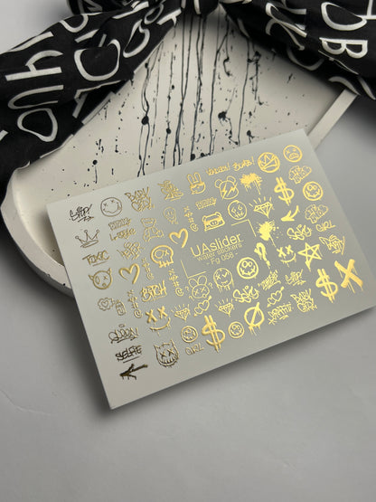 Nail Water Decal Fg-058 | Water Slide Nail Decals Graffiti Gold | Street Style Nail Tattoos with Emoji
