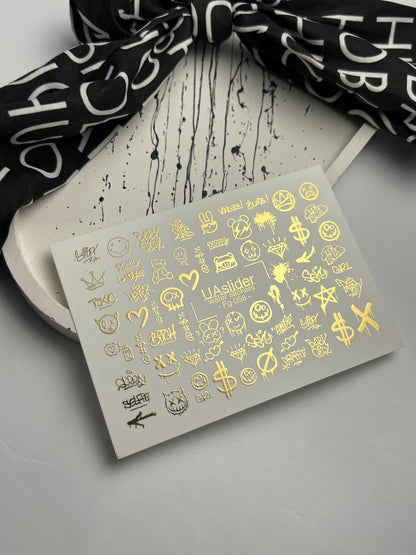 Nail Water Decal Fg-058 | Water Slide Nail Decals Graffiti Gold | Street Style Nail Tattoos with Emoji