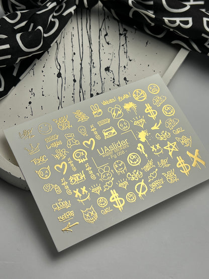 Nail Water Decal Fg-058 | Water Slide Nail Decals Graffiti Gold | Street Style Nail Tattoos with Emoji
