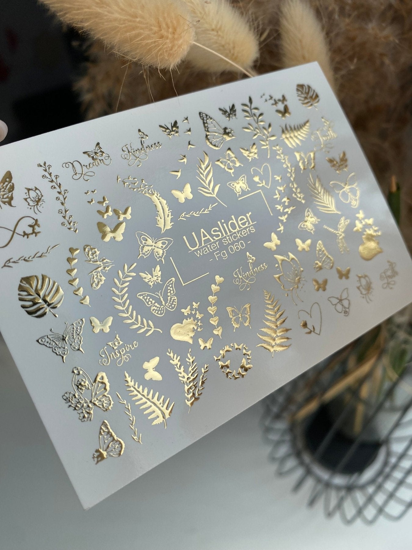 Nail Water Decal Fg-060 | Gold Foil Water Slide Nail Decals | Butterflies & Leaves - UASLIDER