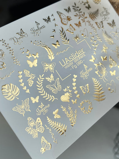 Nail Water Decal Fg-060 | Gold Foil Water Slide Nail Decals | Butterflies & Leaves