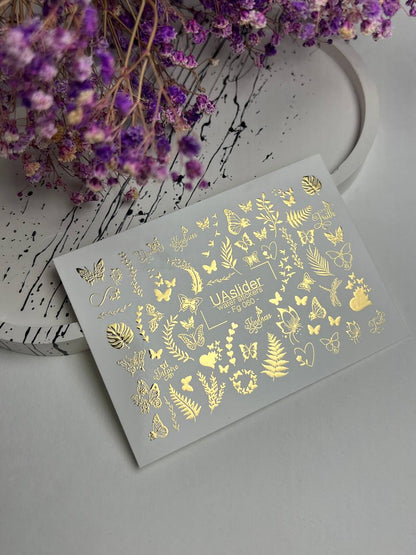 Nail Water Decal Fg-060 | Gold Foil Water Slide Nail Decals | Butterflies & Leaves