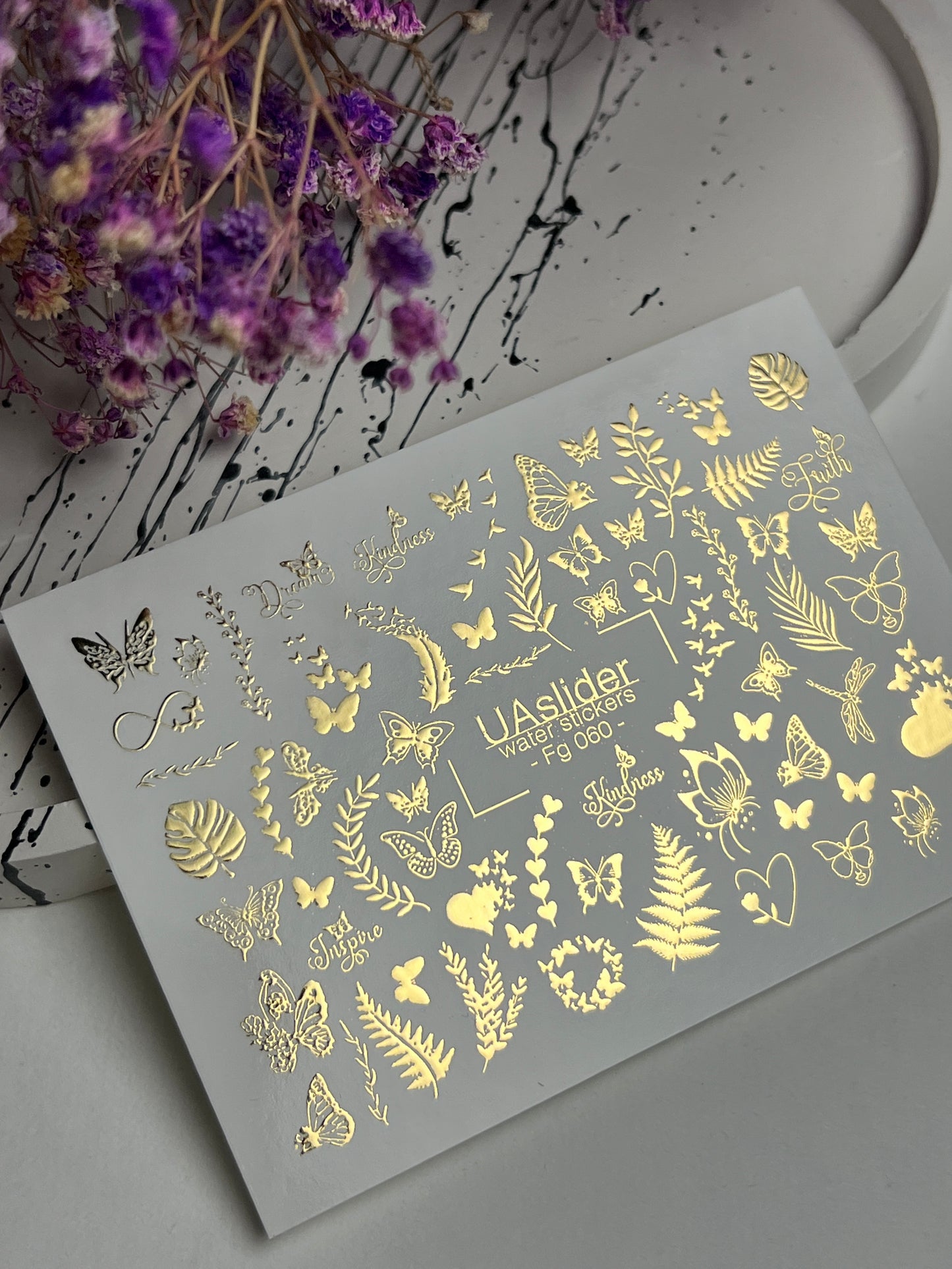 Nail Water Decal Fg-060 | Gold Foil Water Slide Nail Decals | Butterflies & Leaves