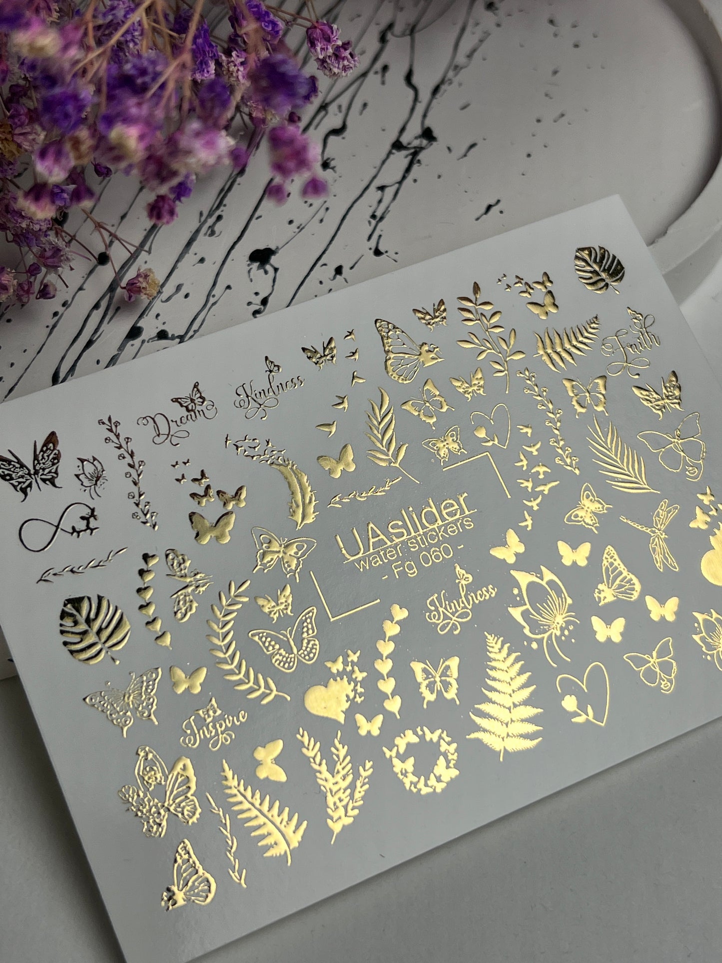 Nail Water Decal Fg-060 | Gold Foil Water Slide Nail Decals | Butterflies & Leaves