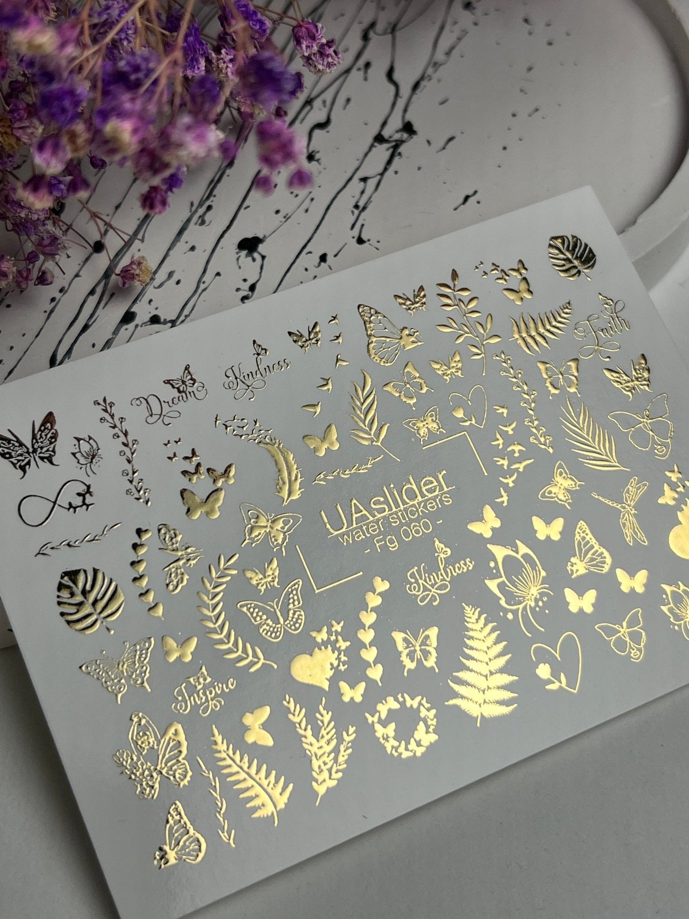Nail Water Decal Fg-060 | Gold Foil Water Slide Nail Decals | Butterflies & Leaves - UASLIDER