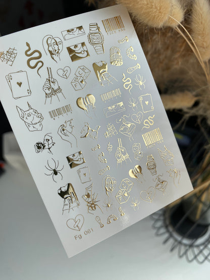 Nail Water Decal Fg-061 | Gold Foil Water Slide Nail Decals | Edgy Tattoo-Inspired Art