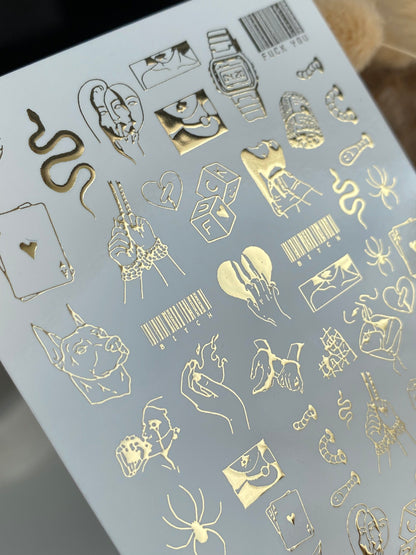 Nail Water Decal Fg-061 | Gold Foil Water Slide Nail Decals | Edgy Tattoo-Inspired Art
