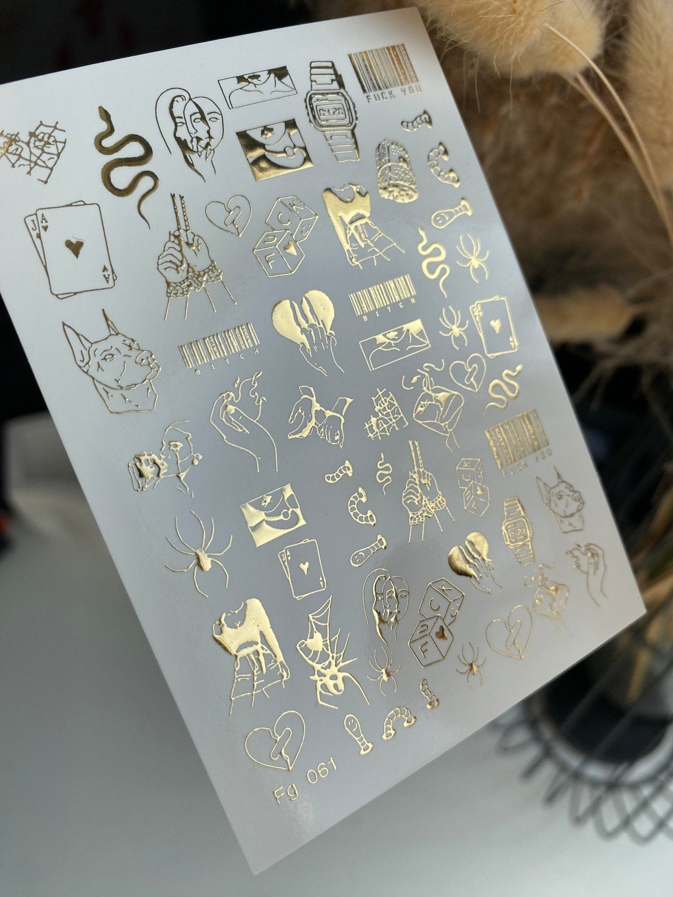 Nail Water Decal Fg-061 | Gold Foil Water Slide Nail Decals | Edgy Tattoo-Inspired Art - UASLIDER