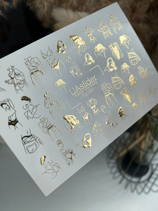 Nail Water Decal Fg-062 | Gold Foil Water Slide Nail Decals | Fashion Sketch Figures