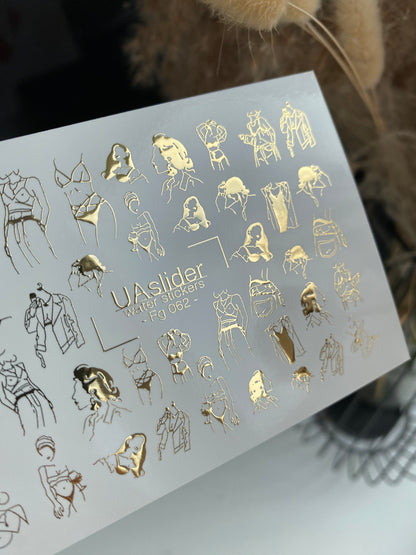 Nail Water Decal Fg-062 | Gold Foil Water Slide Nail Decals | Fashion Sketch Figures