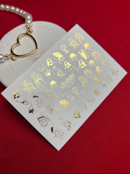 Nail Water Decal Fg-062 | Gold Foil Water Slide Nail Decals | Fashion Sketch Figures