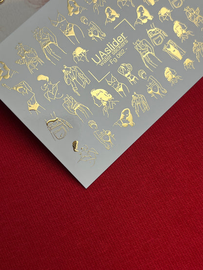 Nail Water Decal Fg-062 | Gold Foil Water Slide Nail Decals | Fashion Sketch Figures