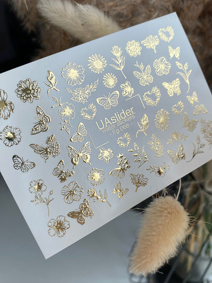 Adesivi per unghie ad acqua Fg-068 | Adesivi per unghie a trasferimento ad acqua con foglia oro | Fiori e farfalle