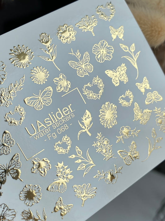 Nail Water Decal Fg-068 | Gold Foil Water Slide Nail Decals | Flowers & Butterflies