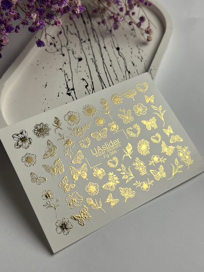 Adesivi per unghie ad acqua Fg-068 | Adesivi per unghie a trasferimento ad acqua con foglia oro | Fiori e farfalle