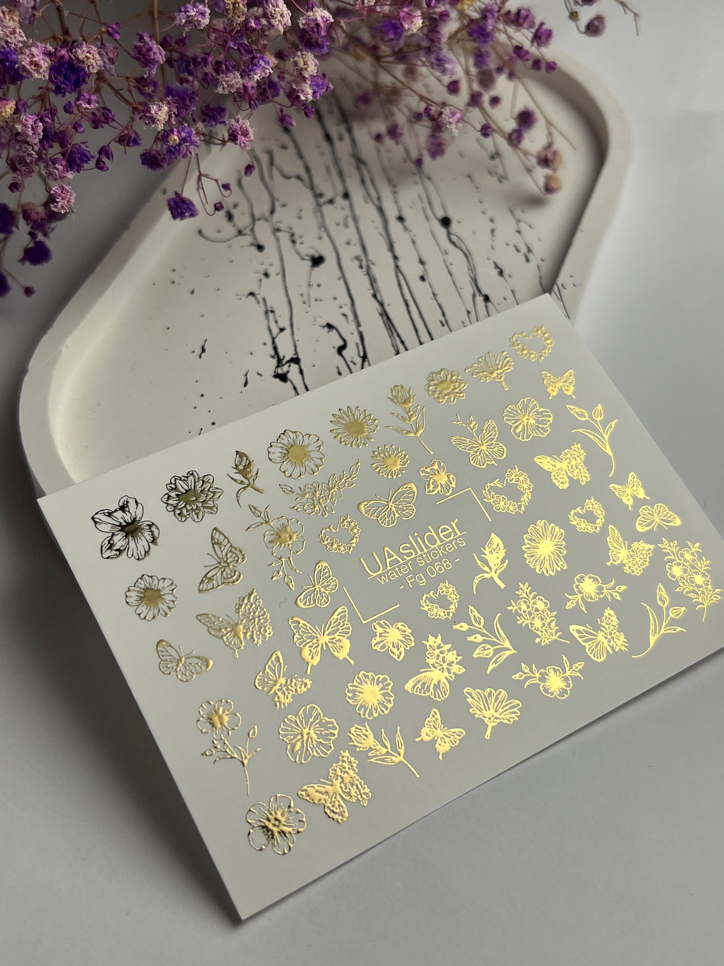 Adesivi per unghie ad acqua Fg-068 | Adesivi per unghie a trasferimento ad acqua con foglia oro | Fiori e farfalle