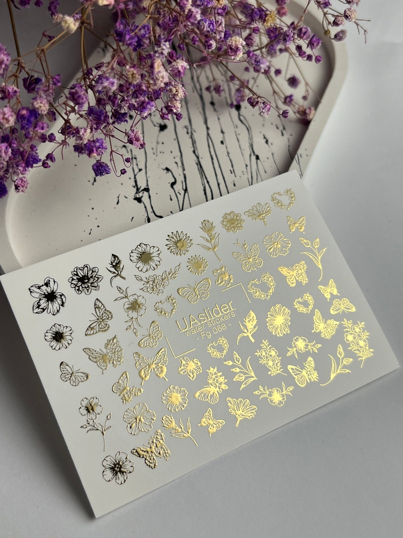 Nail Water Decal Fg-068 | Gold Foil Water Slide Nail Decals | Flowers & Butterflies - UASLIDER