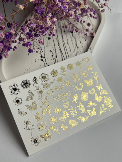 Adesivi per unghie ad acqua Fg-068 | Adesivi per unghie a trasferimento ad acqua con foglia oro | Fiori e farfalle