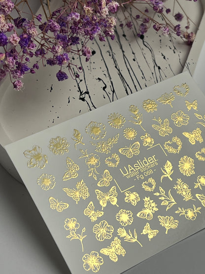 Adesivi per unghie ad acqua Fg-068 | Adesivi per unghie a trasferimento ad acqua con foglia oro | Fiori e farfalle