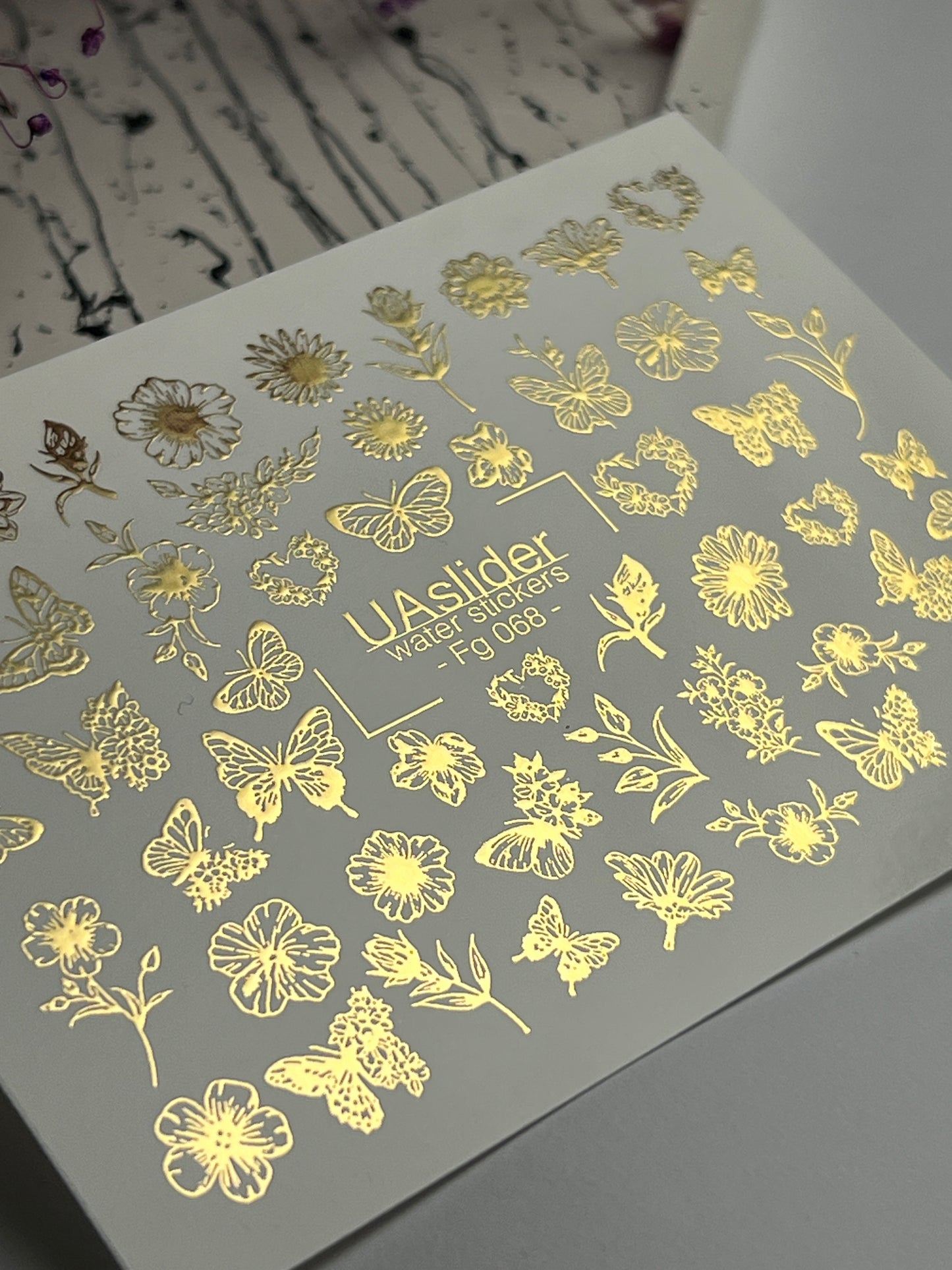 Adesivi per unghie ad acqua Fg-068 | Adesivi per unghie a trasferimento ad acqua con foglia oro | Fiori e farfalle