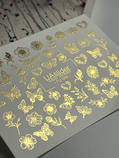 Adesivi per unghie ad acqua Fg-068 | Adesivi per unghie a trasferimento ad acqua con foglia oro | Fiori e farfalle