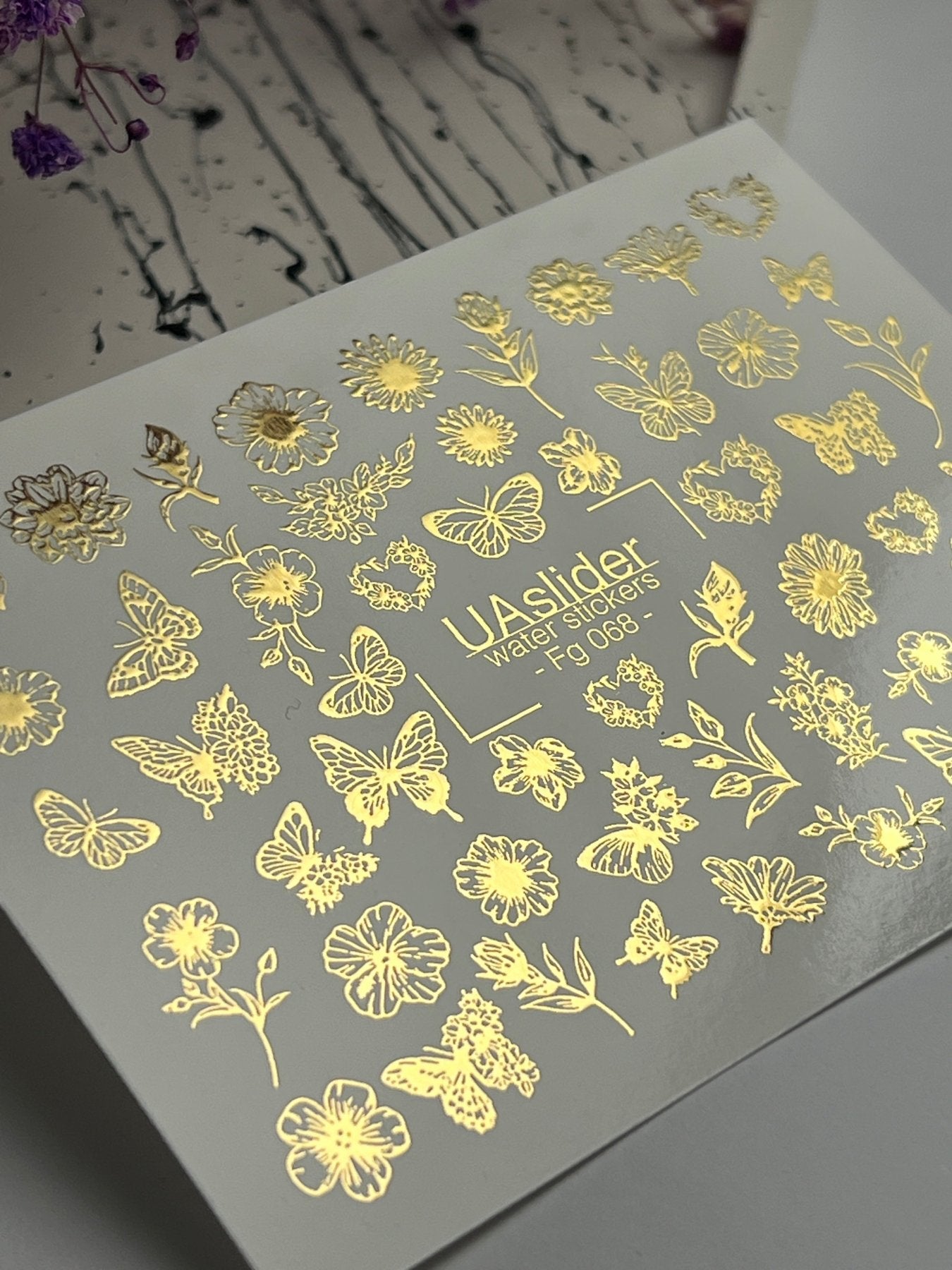 Nail Water Decal Fg-068 | Gold Foil Water Slide Nail Decals | Flowers & Butterflies - UASLIDER