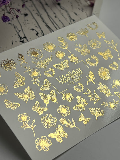 Adesivi per unghie ad acqua Fg-068 | Adesivi per unghie a trasferimento ad acqua con foglia oro | Fiori e farfalle