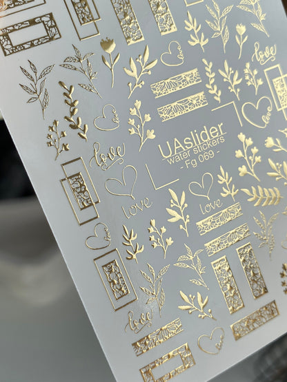Adesivi per unghie ad acqua Fg-069 | Adesivi per unghie a trasferimento ad acqua con foglia d'oro | Cornici floreali e motivi d'amore