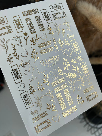 Adesivi per unghie ad acqua Fg-069 | Adesivi per unghie a trasferimento ad acqua con foglia d'oro | Cornici floreali e motivi d'amore