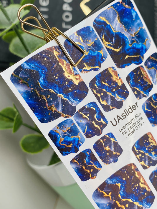 Pedicure nail wrap films mwf-019 | Nail Wrap Films for Pedicure | Galaxy Blue Marble with Gold Foil